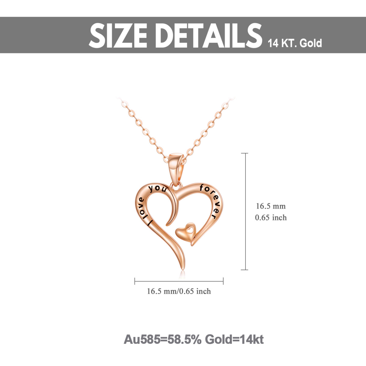 14K Rose Gold Heart With Heart Pendant Necklace with Engraved Word-6