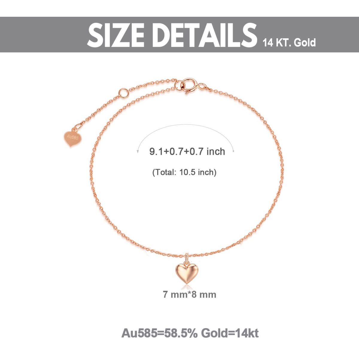 14K Rose Gold Heart Single Layer Anklet-3