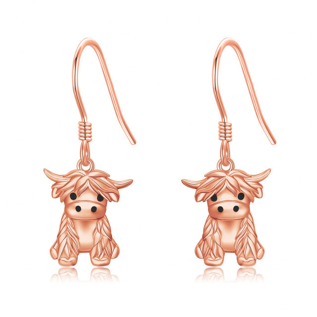 Orecchini pendenti con mucca Highland in oro rosa 14K-1