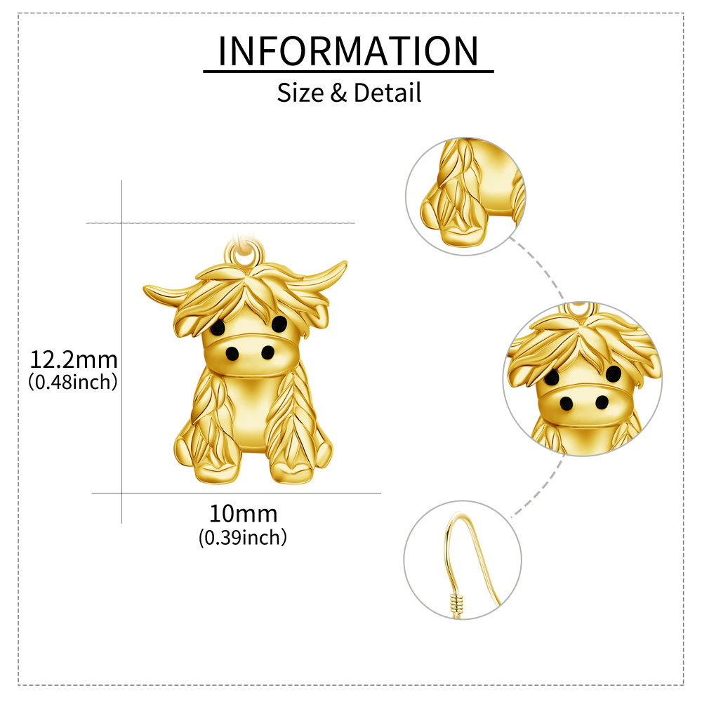 Boucles d'oreilles pendantes Highland Cow en or rose 10K-3