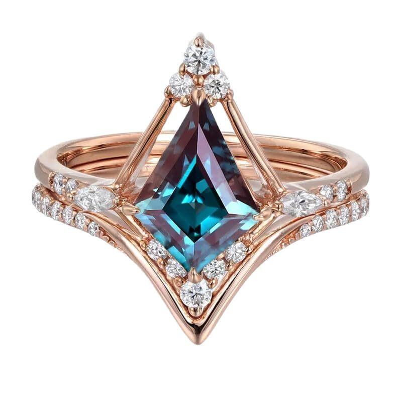 10K Rose Gold Kite Cut Alexandrite Engagement Ring Set with Moissanite-1