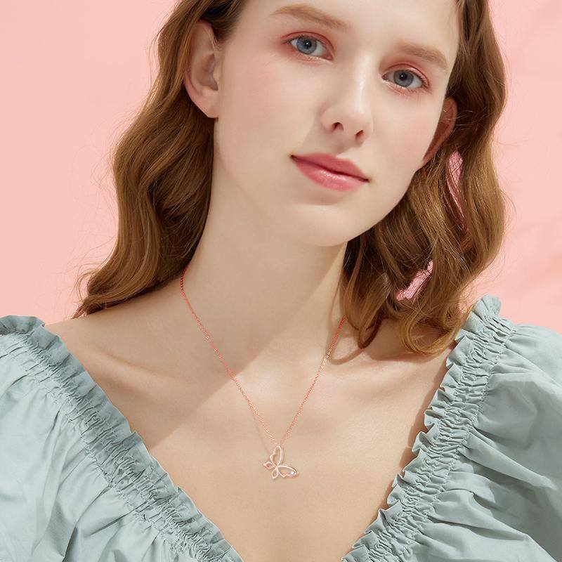10K Rose Gold Moissanite Butterfly Pendant Necklace-2