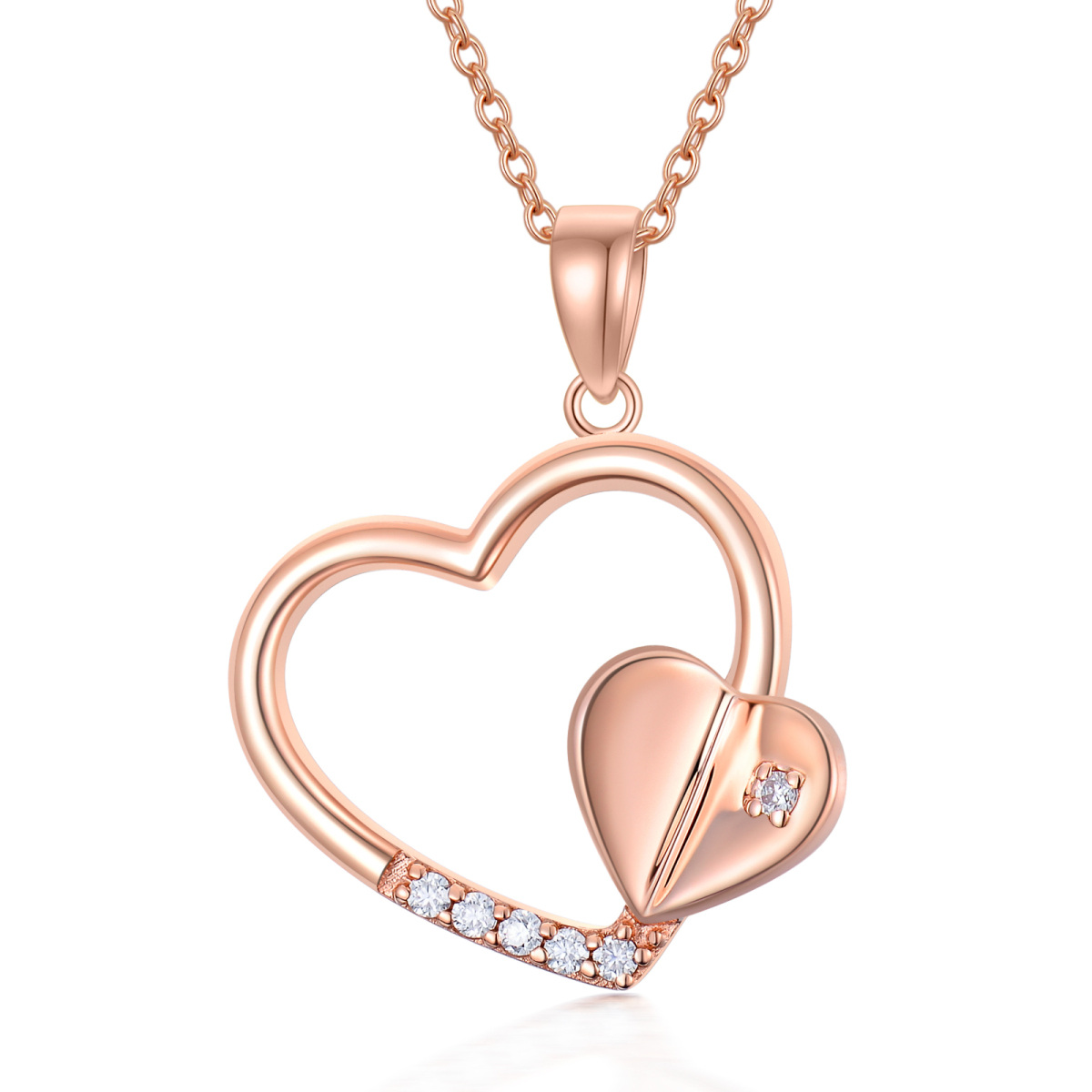 Collier avec pendentif double cœur en or rose 14 carats et moissanite pour femme-1