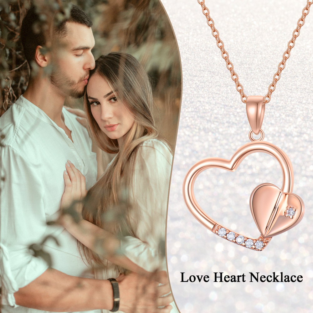 Collar con colgante de doble corazón de moissanita de oro rosa de 14 quilates para mujer-3