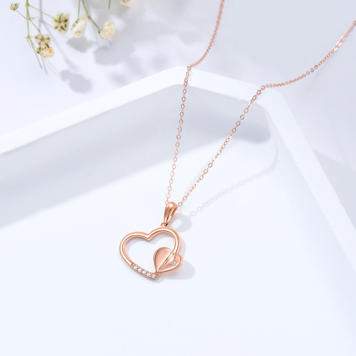 Collier avec pendentif double cœur en or rose 14 carats et moissanite pour femme-5