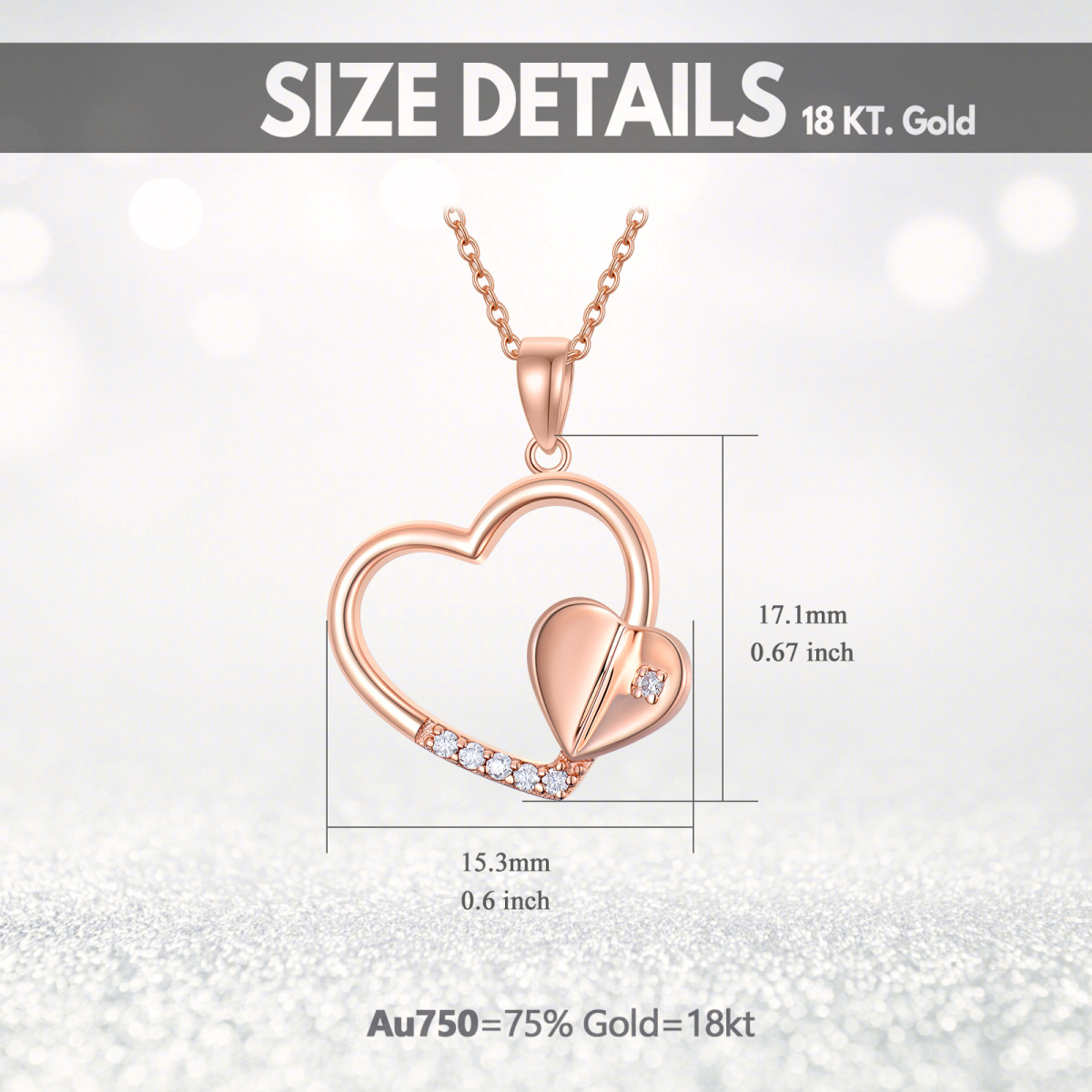 Collier avec pendentif double cœur en or rose 14 carats et moissanite pour femme-6