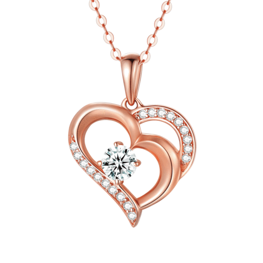 Naszyjnik z 14-karatowego różowego złota Moissanite Heart With Heart