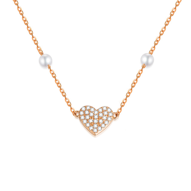 Collana con ciondolo a cuore in oro rosa 14K con moissanite e perle-1