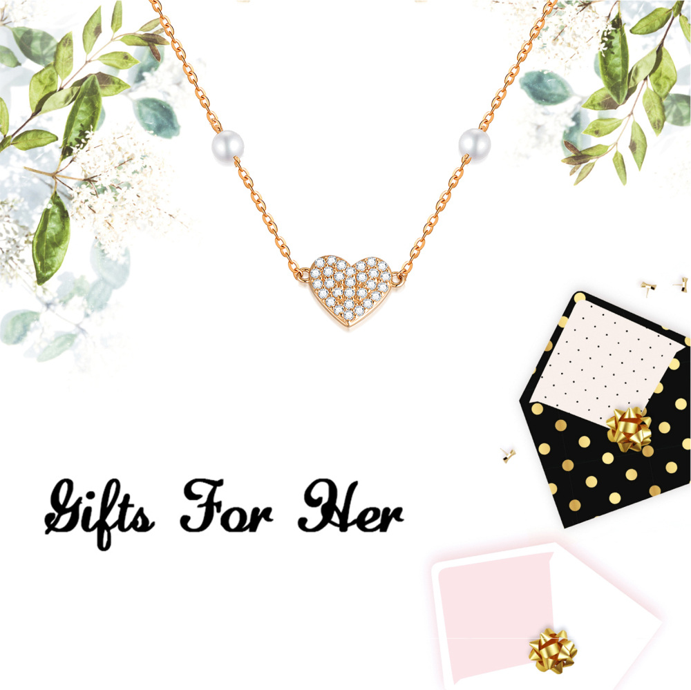 10K Rose Gold Moissanite & Pearl Heart Pendant Necklace-3