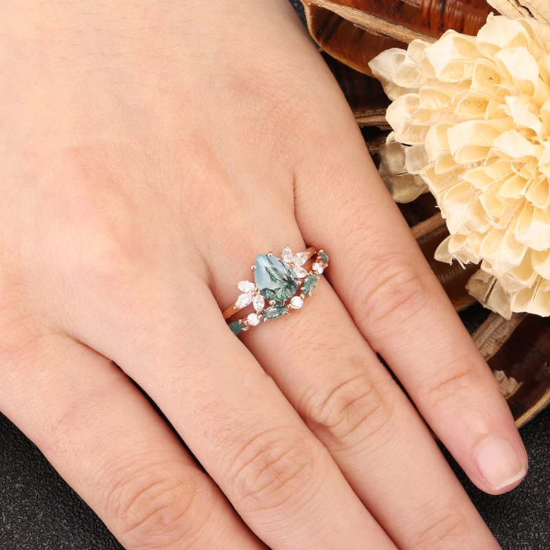 10K Rose Gold Moss Agate Bridal Set-2