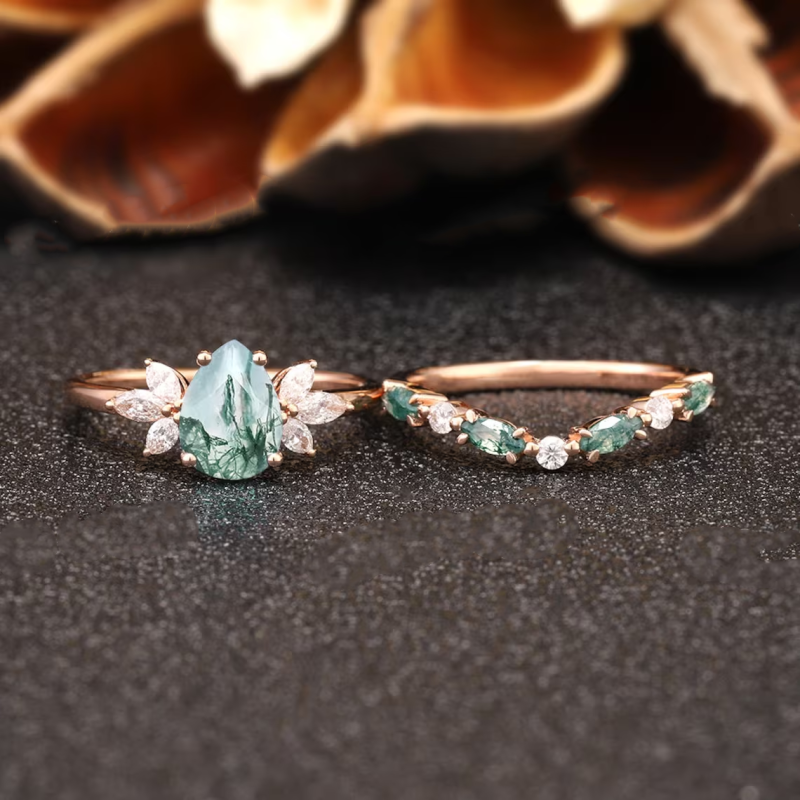 10K Rose Gold Moss Agate Bridal Set-3