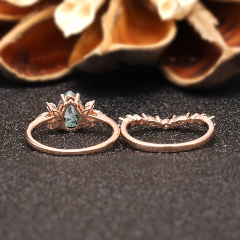 10K Rose Gold Moss Agate Bridal Set-4