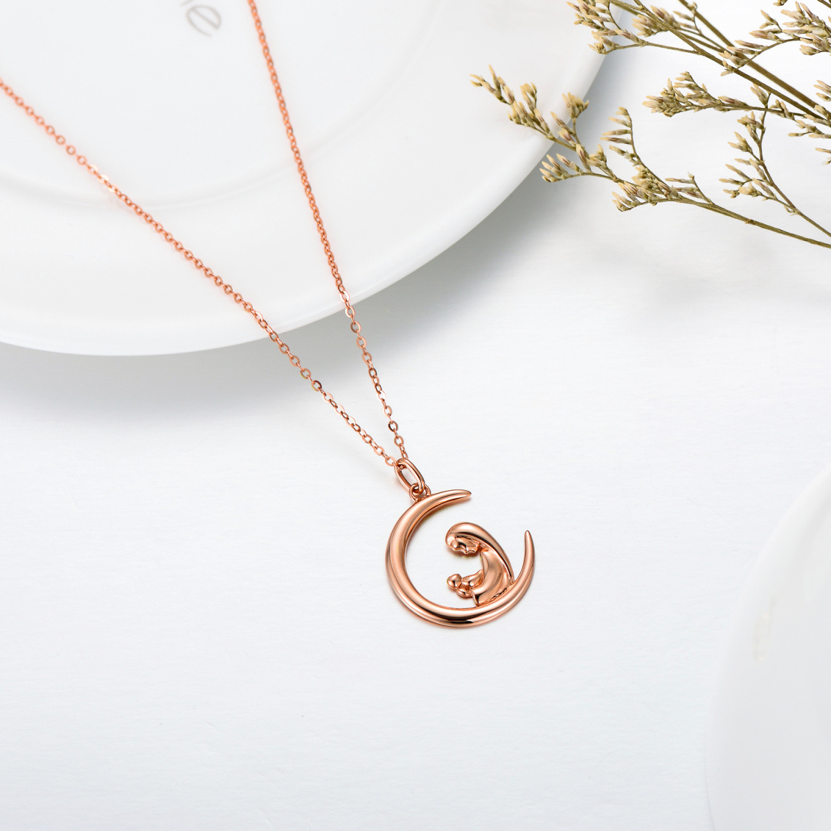 14K Rose Gold Mother & Daughter Moon Necklace for Women-4