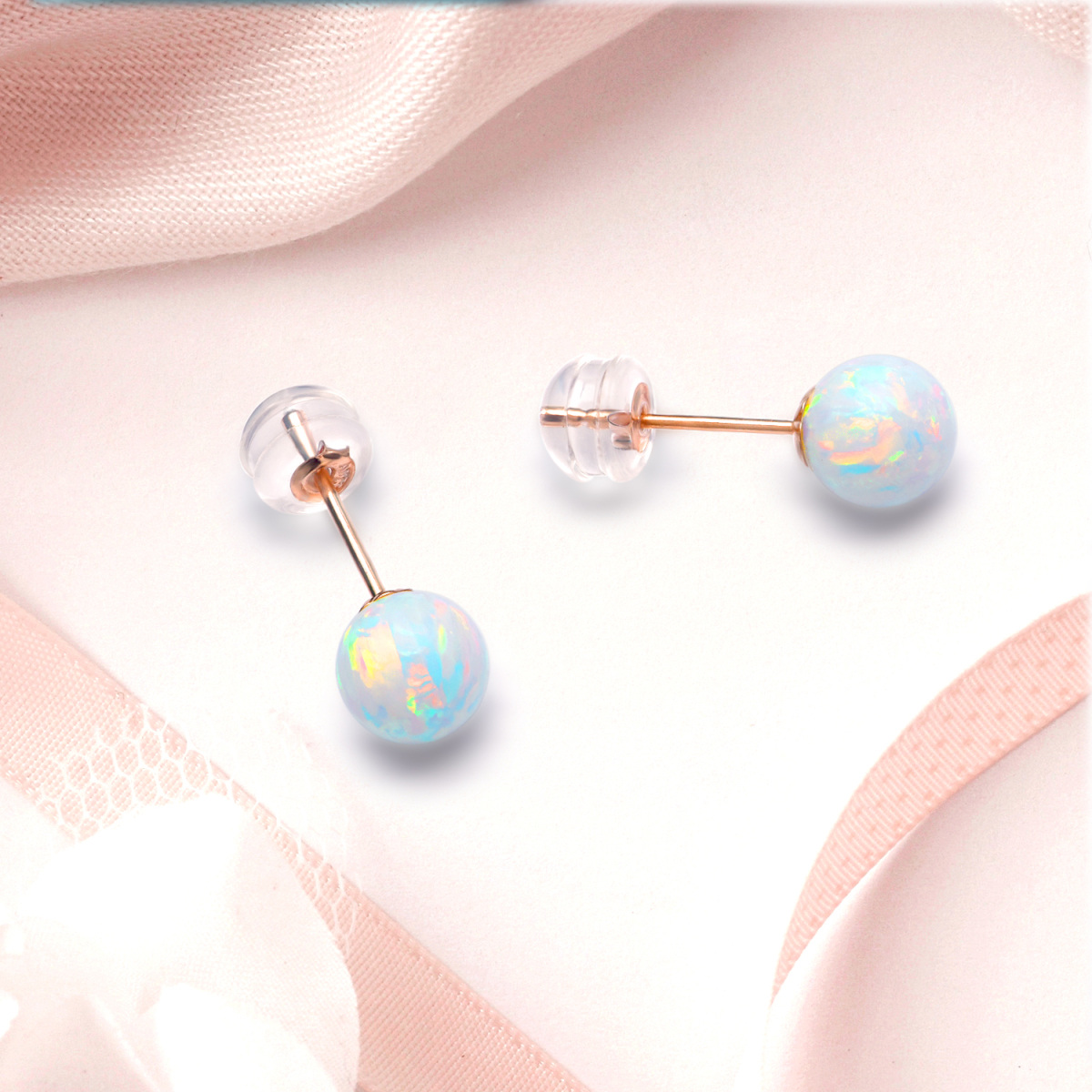 10K Rose Gold Opal Bead Stud Earrings-4