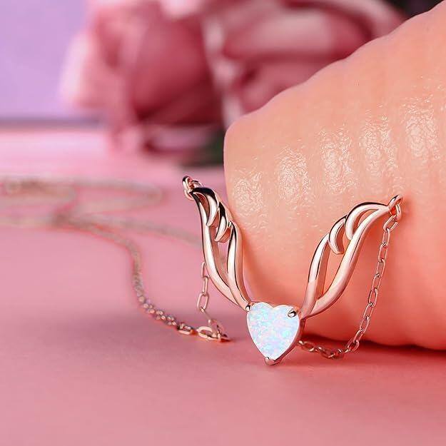 14K Rose Gold Opal Guardian Angel Pendant Necklace-3
