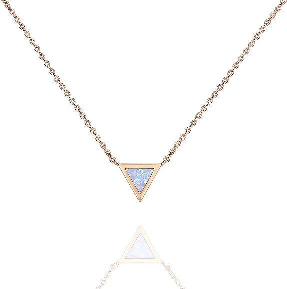 Sterling Silver with Rose Gold Plated Opal Triangle Dainty Pendant Necklace-13
