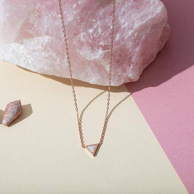 Sterling Silver with Rose Gold Plated Opal Triangle Dainty Pendant Necklace-3