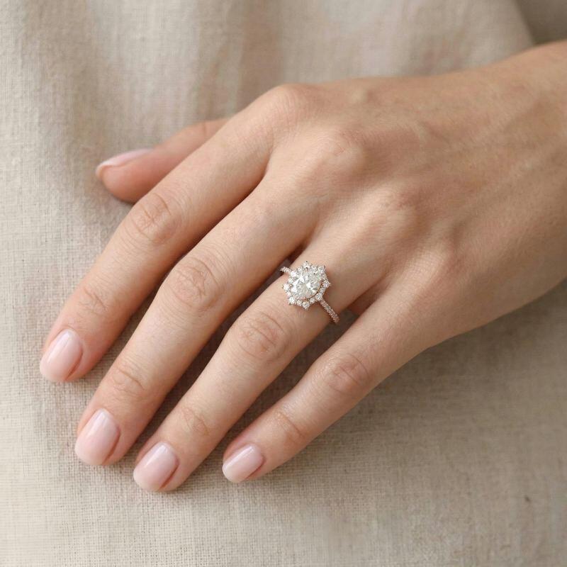 14K Rose Gold Oval Cut Moissanite Halo Engagement Ring-2
