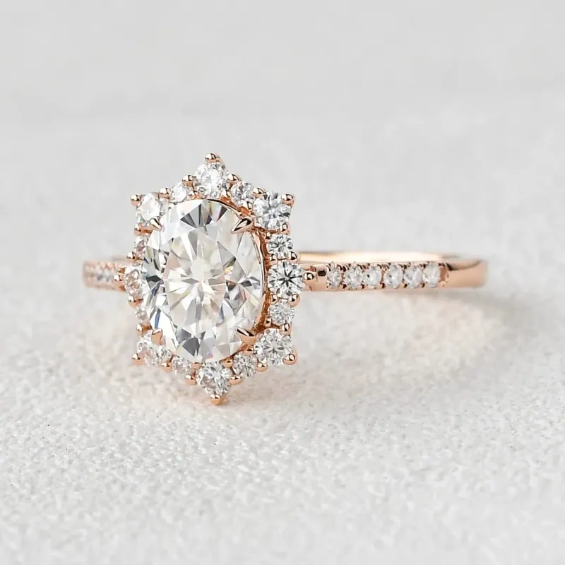 14K Rose Gold Oval Cut Moissanite Halo Engagement Ring-3