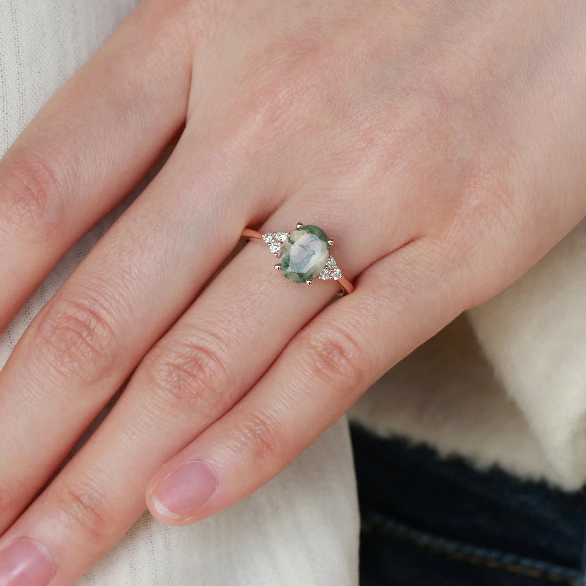 10K Rose Gold Oval Cut Moss Agate Engagement Ring-3
