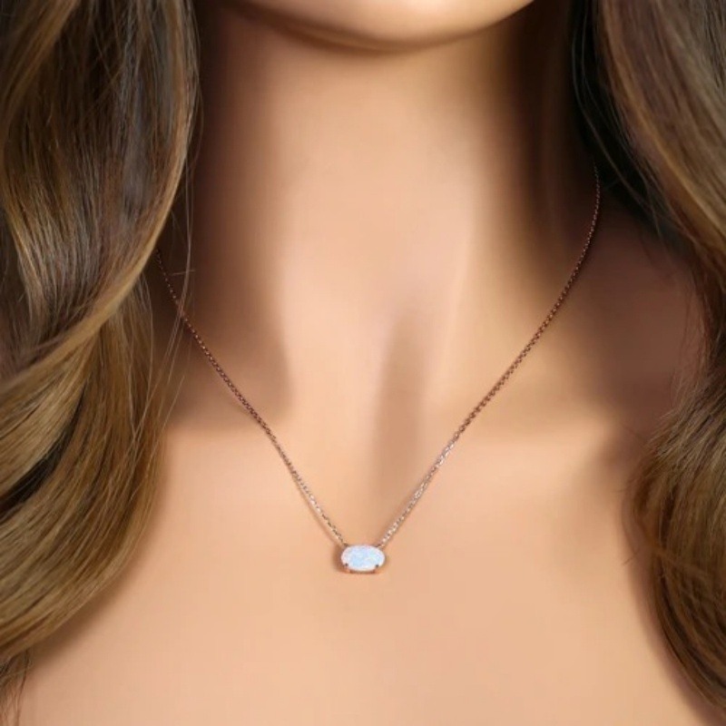 14K Rose Gold Oval Opal Pendant Necklace-2