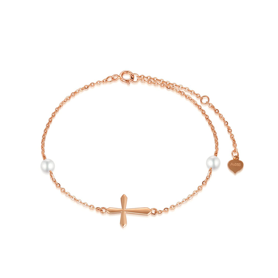 Pulsera Colgante Cruz Perla Oro Rosa 14K-1