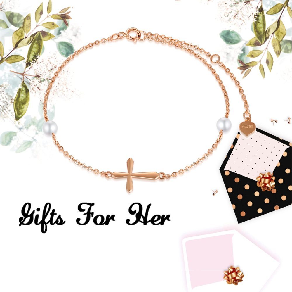 10K Rose Gold Perlenkreuz-Anhänger-Armband-3