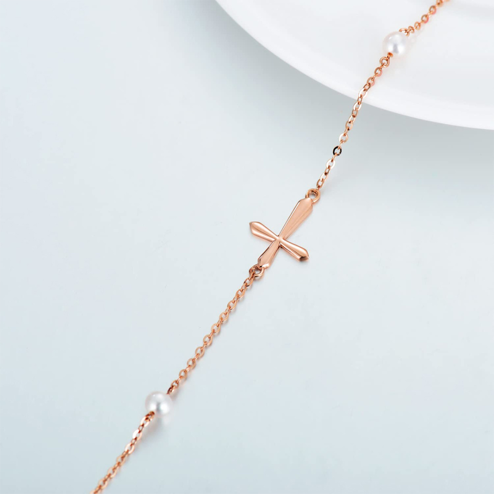 10K Rose Gold Perlenkreuz-Anhänger-Armband-4