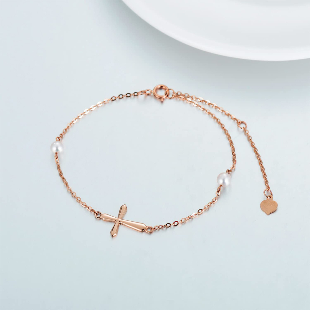 10K Rose Gold Perlenkreuz-Anhänger-Armband-5