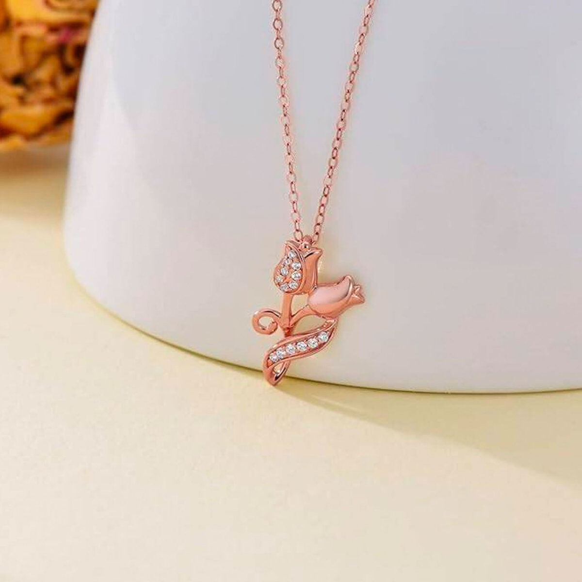 14K Rose Gold Cubic Zirconia Rose Pendant Necklace-3