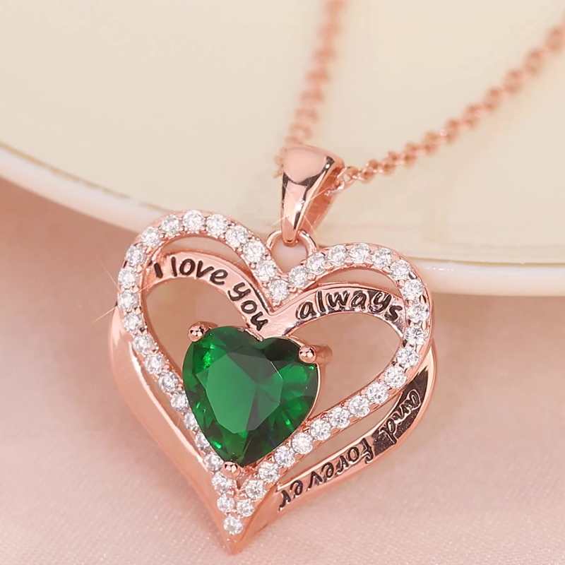 14K Rose Gold Personalized Birthstone Engraving Heart Necklace for Women-2