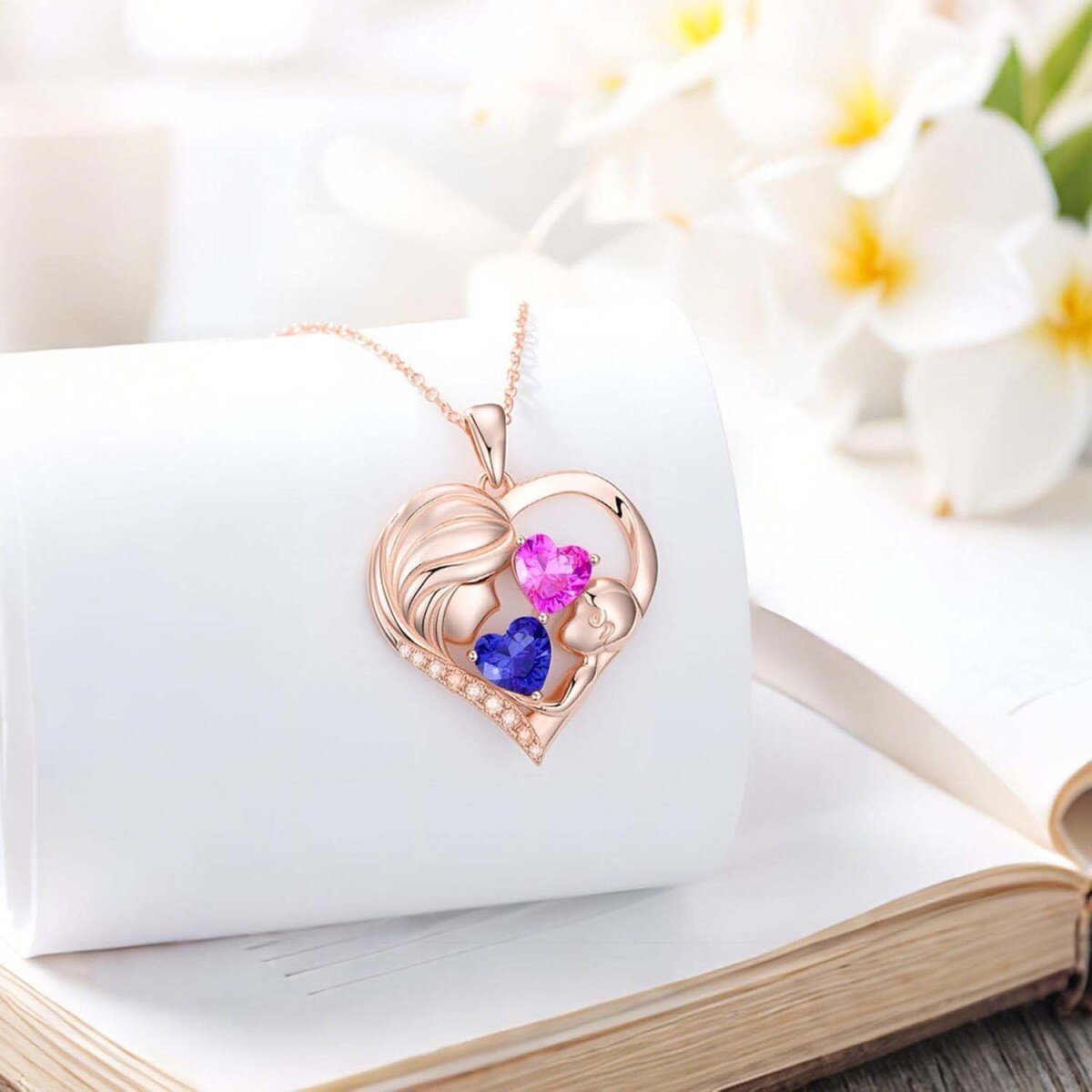 14K Rose Gold Personalized Birthstone Grandmother Mother & Heart Pendant Necklace-2