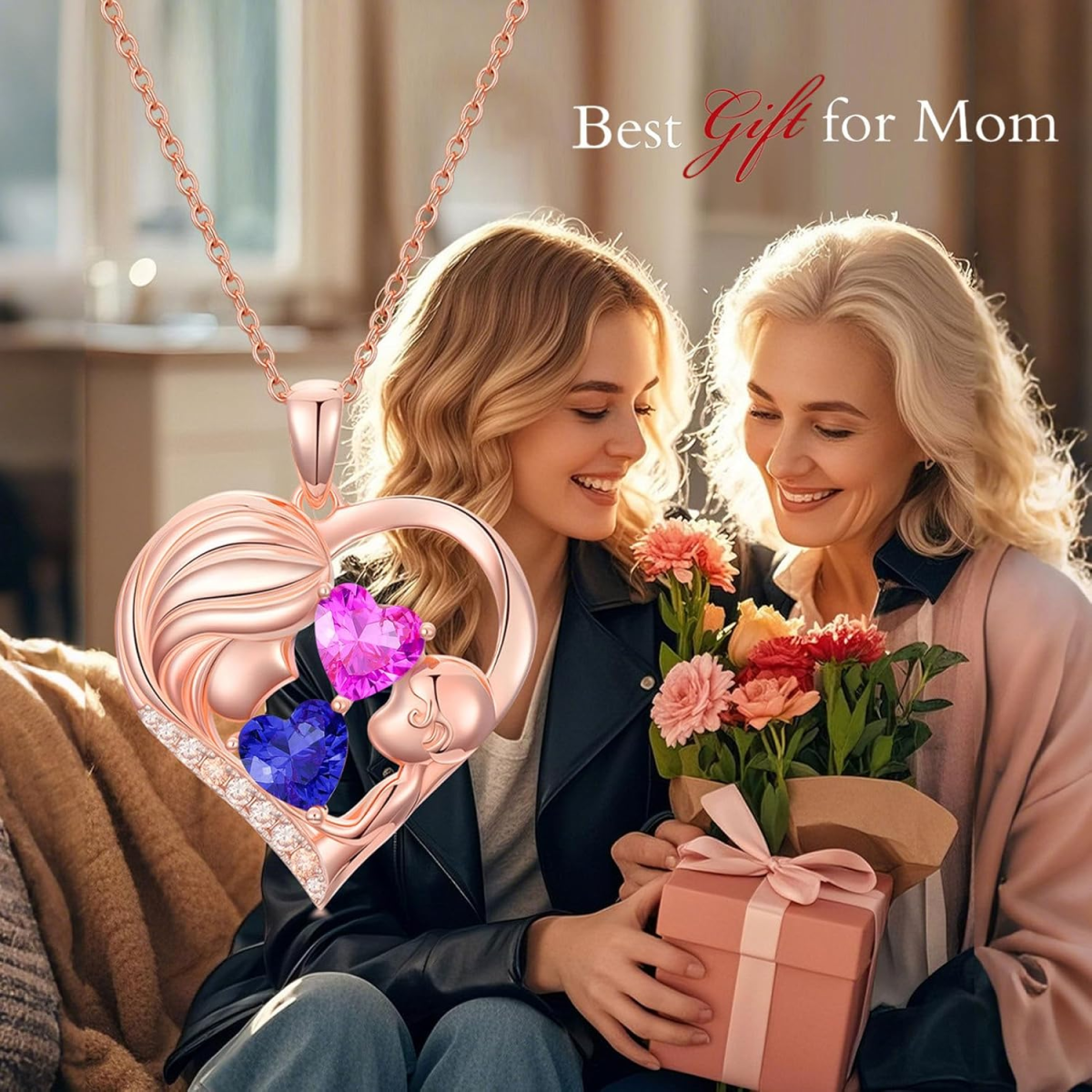 14K Rose Gold Personalized Birthstone Grandmother Mother & Heart Pendant Necklace-6