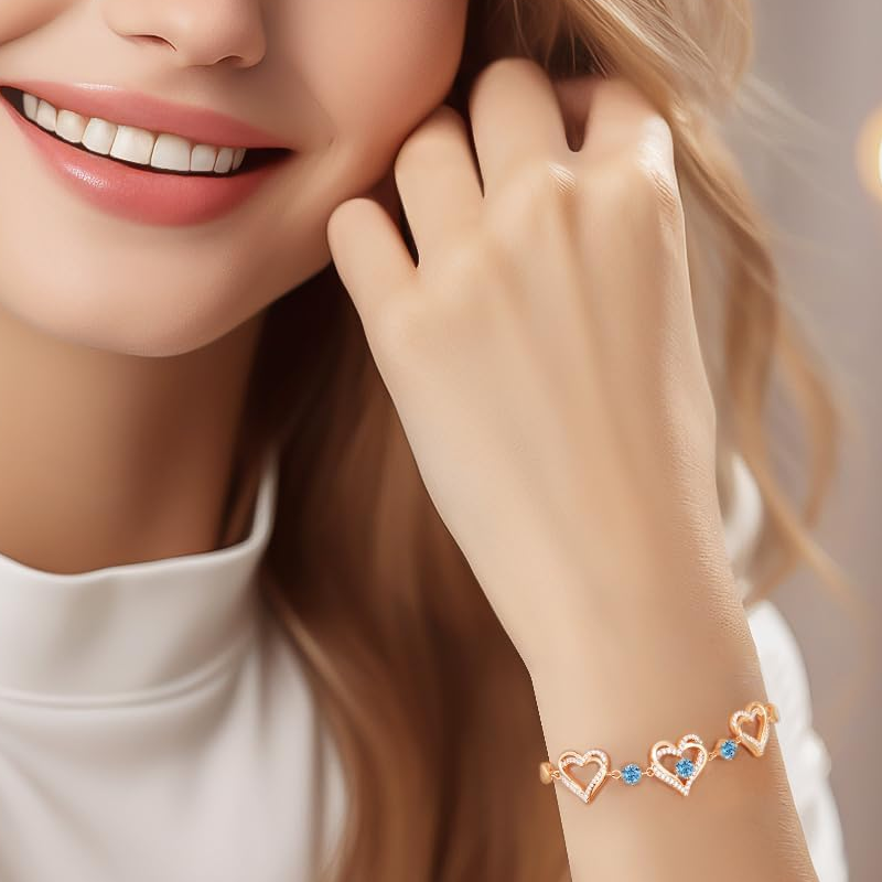 Pulsera personalizada con dije de corazón y piedra natal en oro rosa de 14 quilates para mujer-2