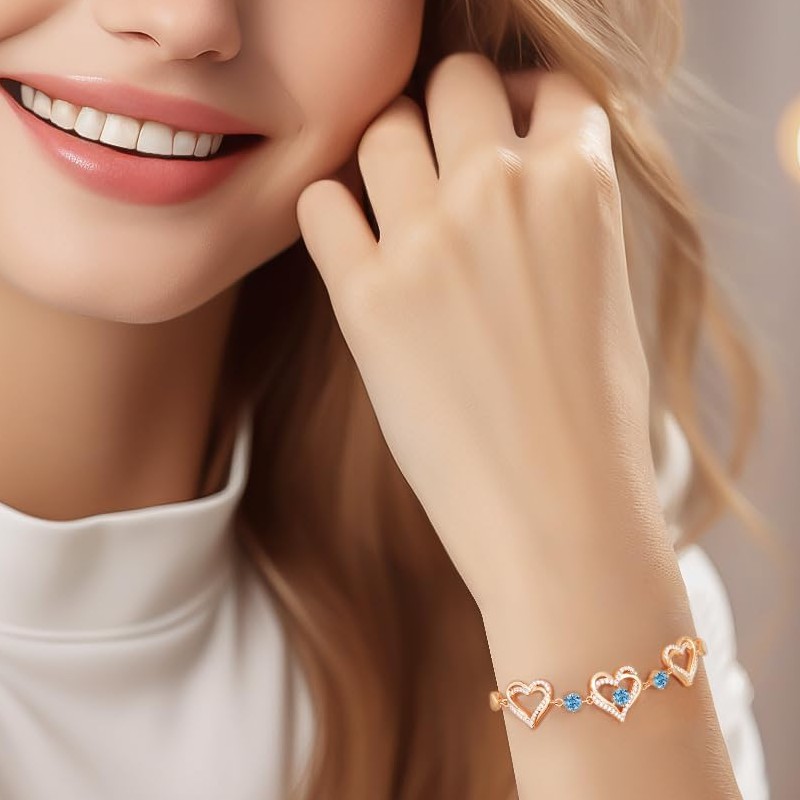 14K Rose Gold Personalized Birthstone Heart With Heart Charm Bracelet for Women-2