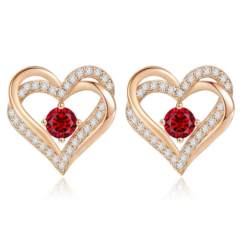 14K Rose Gold Personalized Birthstone Heart Stud Earrings for Women-1