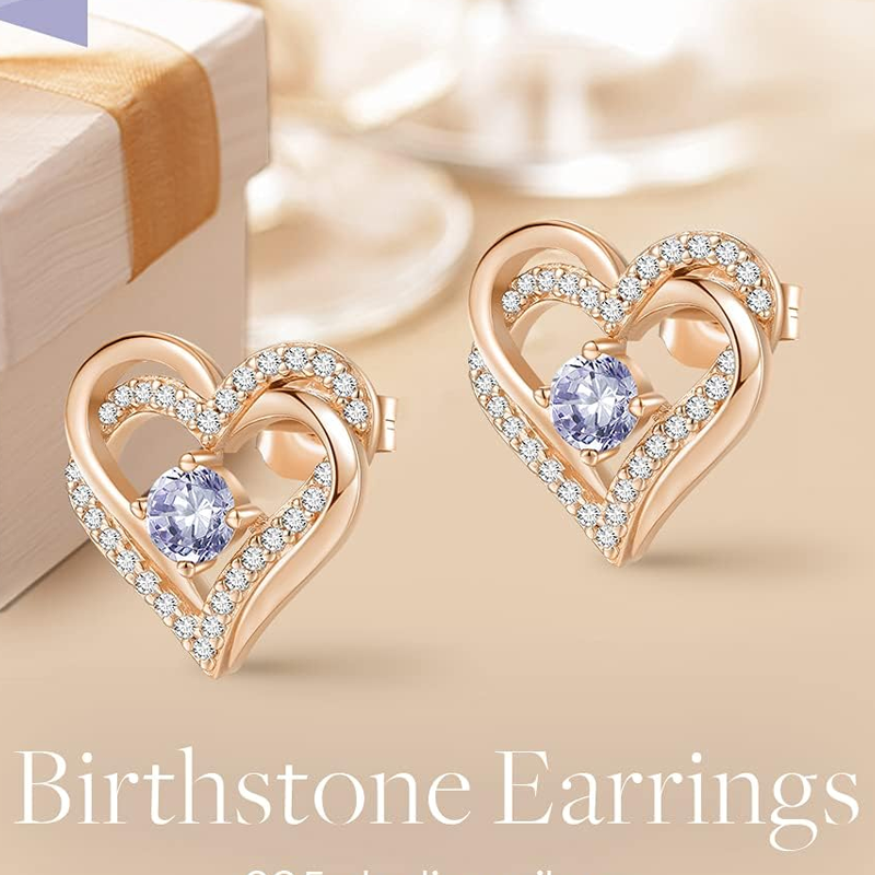 14K Rose Gold Personalized Birthstone Heart Stud Earrings for Women-5