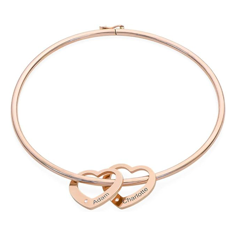 14K Rose Gold Cubic Zirconia Personalized Engraving Pendant Bangle Bracelet for Women-1