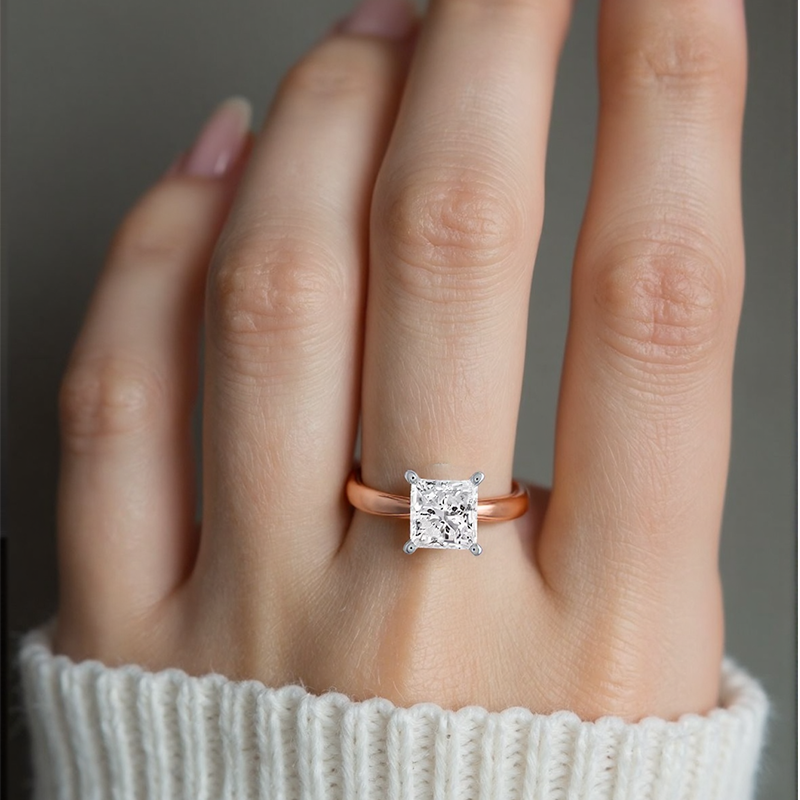 Anillo de compromiso de diamantes creados en laboratorio con certificación IGI D-VVS1 en forma de princesa en oro rosa de 10 quilates-2