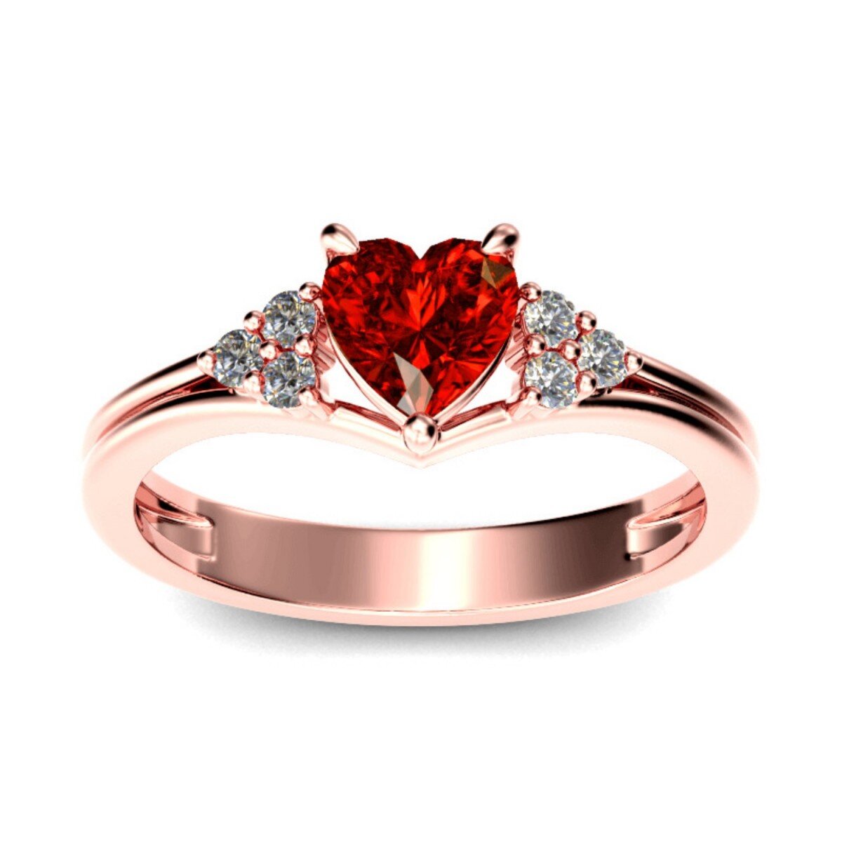 Bague cœur en or rose 14 carats avec zircone cubique rouge-1