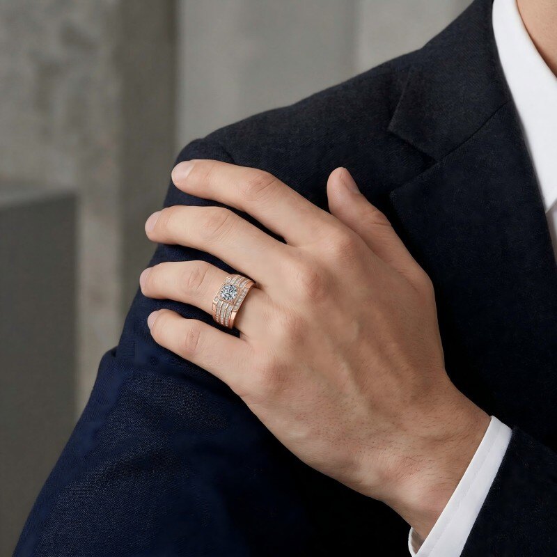 Banda para hombre de oro rosa de 14 quilates con moissanita de corte redondo para hombres-2