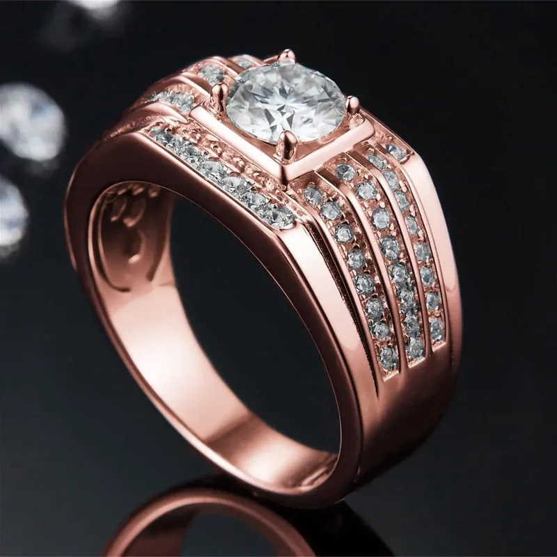 Banda para hombre de oro rosa de 14 quilates con moissanita de corte redondo para hombres-3