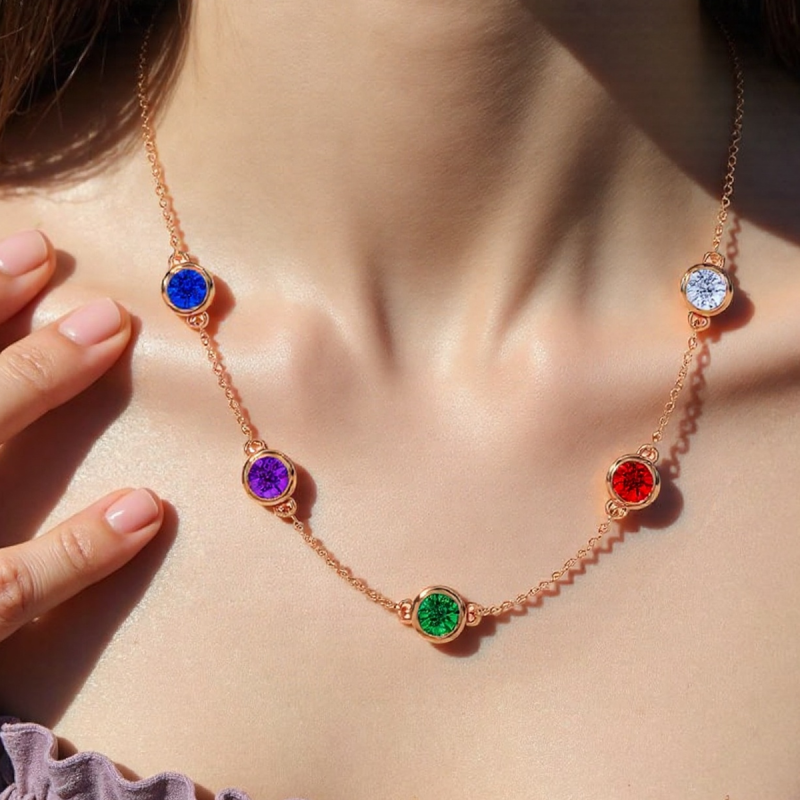 Sterling Silver with Rose Gold Plated Round Cut Personalized Birthstone Sisters Pendant Necklace-2