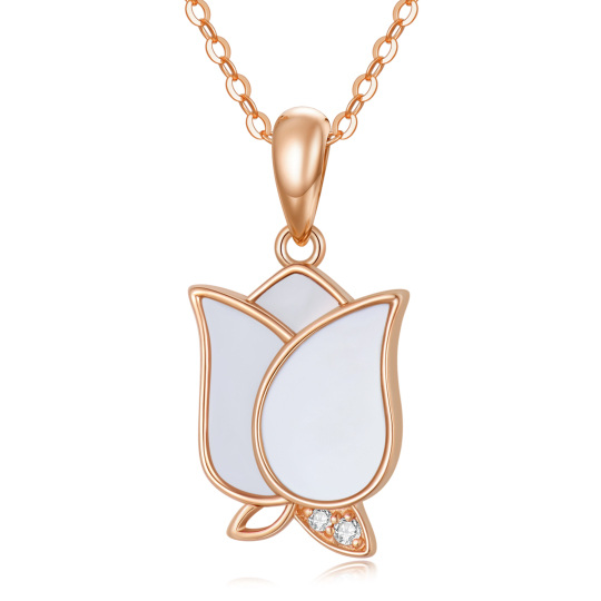 14K Rose Gold Round Cubic Zirconia & Mother Of Pearl Rose Pendant Necklace