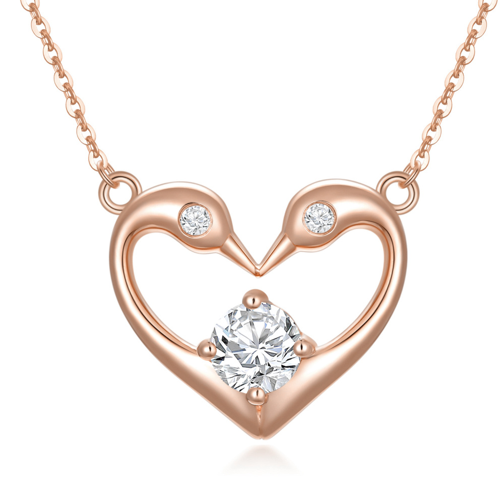 10K Rose Gold Round Zircon Swan & Heart Pendant Necklace-1