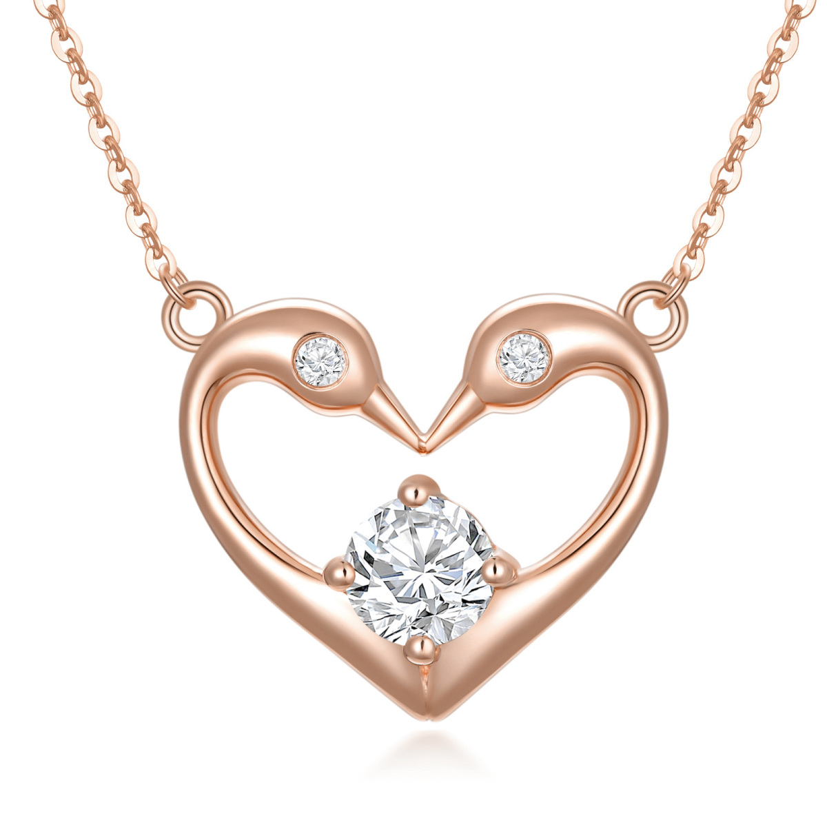 Collier en or rose 14K avec pendentif cygne et coeur en zircon rond-1