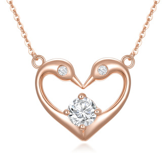 14K Rose Gold Round Zircon Swan & Heart Pendant Necklace-25