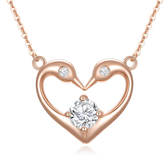 Collier en or rose 14K avec pendentif cygne et coeur en zircon rond