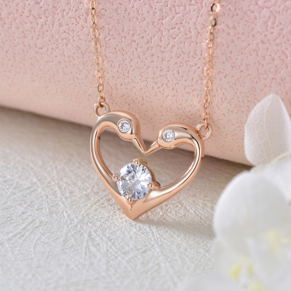 10K Rose Gold Round Zircon Swan & Heart Pendant Necklace-2