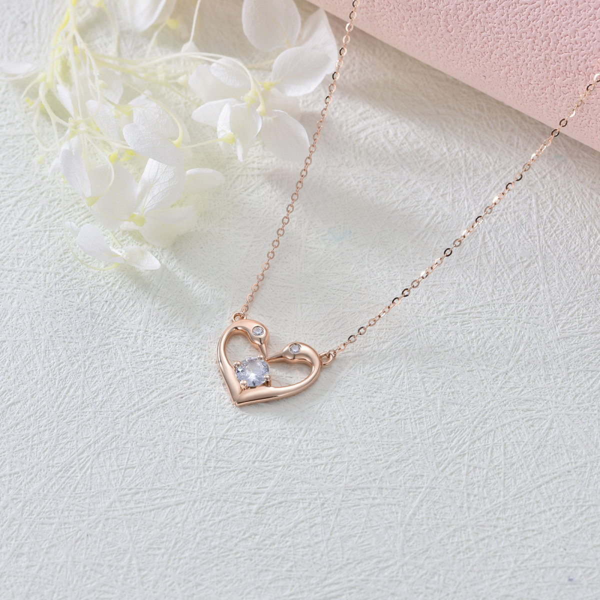 14K Rose Gold Round Zircon Swan & Heart Pendant Necklace-4